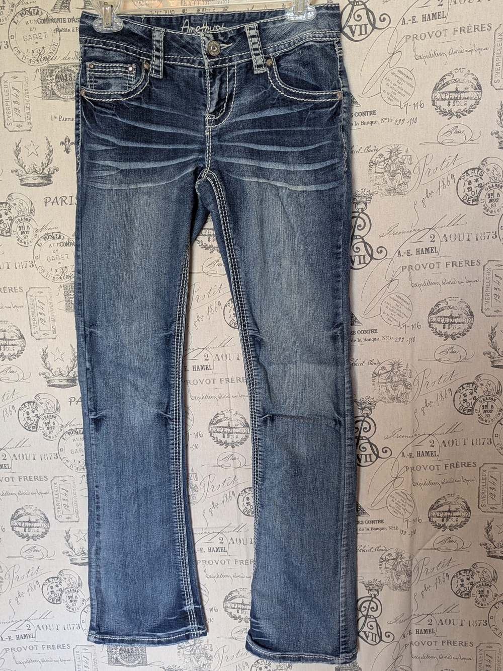 Amethyst Jeans Low Rise Bootcut with Faded Whisker Details & Subtle Bling Size 3